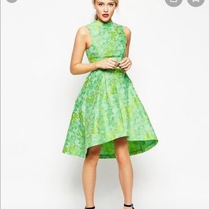 Jacquard green high low dress. Size 8